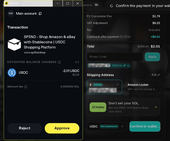 A cryptocurrency wallet interface on Solflare shows a pending transaction for 'SP3ND - Shop Amazon & eBay with Stablecoins' requiring approval to spend 2.01 USDC, with a checkout confirmation page visible in the background.