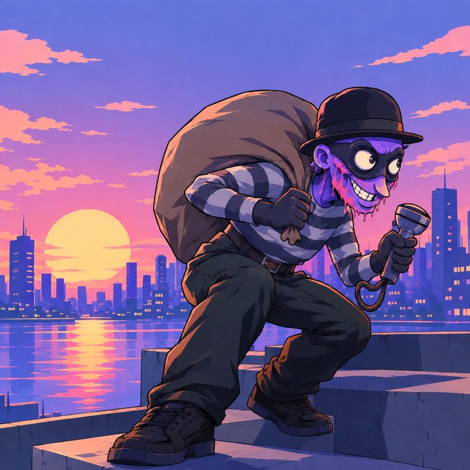 A stylized illustration shows a grinning thief-like character in a bowler hat carrying a sack and holding a hook or tool beside a city waterfront at sunset.