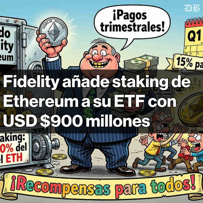 A cartoon illustration shows a wealthy man in a pinstripe suit holding up an Ethereum coin and bundles of cash, with excited smaller figures celebrating around him. Bold Spanish text overlays the image reading "Fidelity añade staking de Ethereum a su ETF con USD $900 millones," accompanied by speech bubbles declaring "¡Pagos trimestrales!" and a banner stating "¡Recompensas para todos!"—visually emphasizing the article's announcement about Fidelity's FETH fund offering quarterly staking reward distributions with investors retaining 85% of yields.