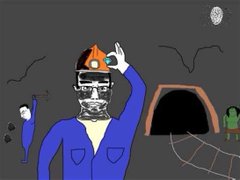 A crude digital drawing shows a man in a blue outfit and red hardhat with an orange 'D' on it saluting in a mine, with a small ghostly figure and a green figure in the background.