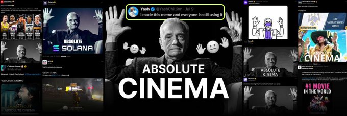 A community member added a banner image for the Solana token $CINEMA on Moby, featuring a black-and-white photo of an older man with raised hands surrounded by "ABSOLUTE CINEMA" text, alongside a highlighted tweet from Yash @YashChillmin reading "I made this meme and everyone is still using it."