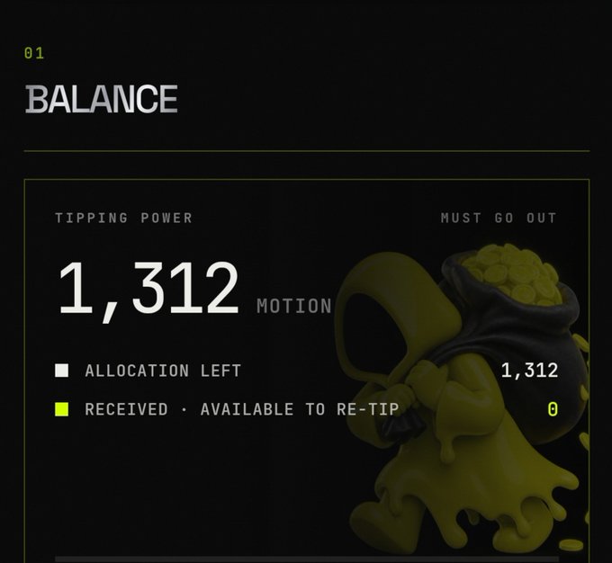 A dark screen titled '01 BALANCE' showing 'TIPPING POWER: 1,312 MOTION' with '0' received and a green slime-like character figure.