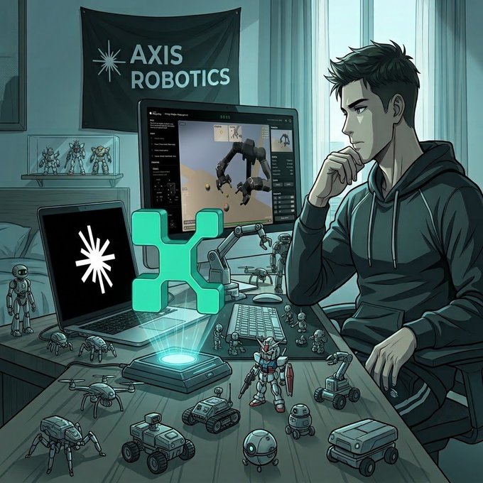 An anime-style illustration showing a dark-haired young man in a hoodie sitting at a desk surrounded by various robotic figurines, drones, and Gundam models, with a glowing green robot hologram projected in front of a laptop displaying a robotic arm design, and an 'AXIS ROBOTICS' banner hanging on the wall behind him.