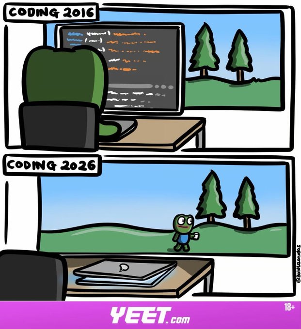 A two-panel comic labeled "CODING 2016" and "CODING 2026" contrasts a developer staring at code on a monitor in 2016 with a future scene where a coding assistant character stands on the desk while the developer holds a coffee, humorously suggesting AI has replaced traditional coding. The image accompanies a post from @yeet discussing strong ETF inflows, record stock highs, and crypto market data including BTC at $65,300 and ETH at $1,929.