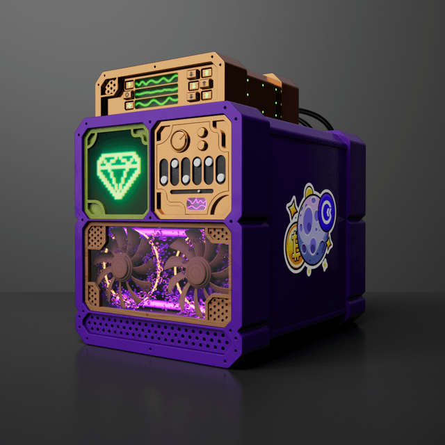 A custom mini-ITX PC build in a purple and tan case featuring a glowing green diamond display, dual fans with purple LED lighting, and a cute cartoon character sticker on the side panel.