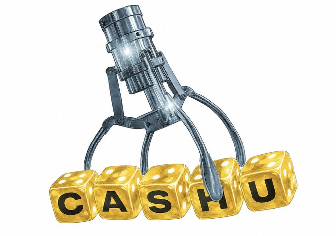 The image features a drawing of six gold Cashu dice stacked on top of each other, with a mechanical arm holding them in place. In the background, there are three black text boxes with the word "CASHU" written in bold yellow letters, which is likely related to the post about the upcoming Monday. The image includes details such as the names "Cashu", "Nutshell", and "GitHub repos in the comments".