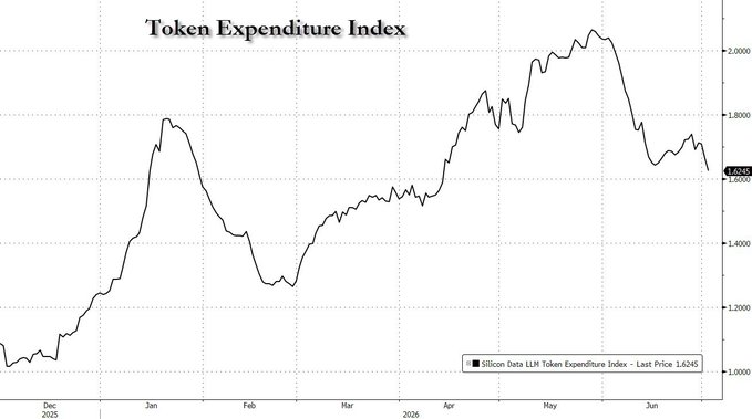The image shows a line chart titled "Token Expenditure Index" tracking the "Silicon Data LLM Token Expenditure Index" from December 2025 through early June 2026, with the last price labeled at 1.6245 (approximately 1,624 on the right axis). The chart depicts a sharp rally from ~1.1K in December to a peak above 2,000 in May, followed by a notable decline back toward 1,624 — visually confirming the post's claim that token spending is rolling over to a 2.5-month low.