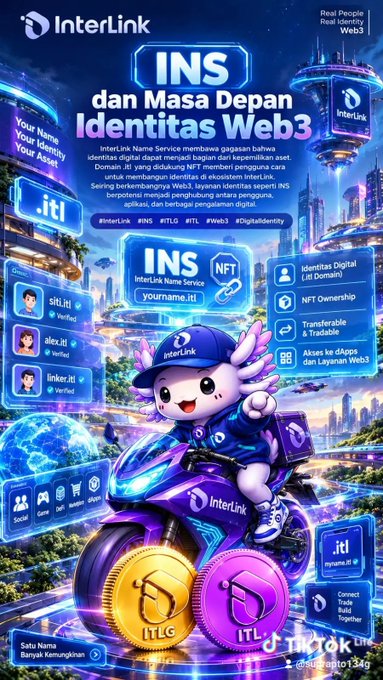 A promotional graphic for InterLink's 'INS' (InterLink Name Service) and Web3 Identity, featuring the same winged mascot riding a futuristic motorcycle with various service features listed.