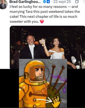 A social media post by "Brad Garlinghoe" dated September 22, 25 congratulates him on marrying Tara this past weekend, calling it the "sweetest" moment. The image shows a wedding photo of the smiling couple alongside a cartoon astronaut holding bagpipes, with an arrow pointing to the astronaut's ring finger—matching the caption's hint about examining the astronaut's ring as a September clue.