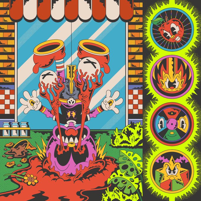 A vibrant, cartoonish illustration depicts a chaotic storefront scene where a menacing figure with flaming red tendrils pours steaming coffee from two cups over a pink fanged creature, while a side panel displays character icons including an angry apple, a flame-faced character, and a star-headed figure. The image satirizes the post about leaving behind quality traditional art to chase RH (Rocketshares/Higher) meme coins, with the fanged pink monster resembling the Apple character from Rocketshares representing the volatile crypto market that devours creators chasing hype over craft.