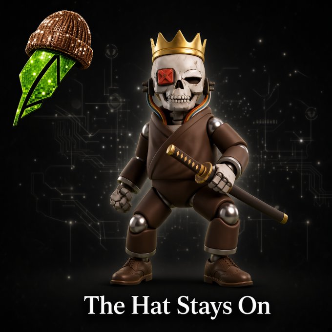 A 3D rendered skeletal samurai character wearing a gold crown and wielding a katana, with a green glowing skull wearing a brown beanie in the upper left and the text 'The Hat Stays On' at the bottom.