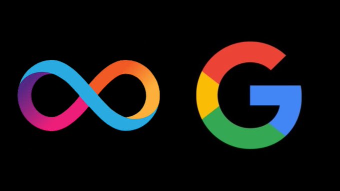 The image displays two logos side by side on a black background: a colorful infinity symbol on the left and the recognizable Google "G" logo on the right. This visual pairing illustrates the accompanying post's bold claim that "$ICP will be bigger than Google," suggesting that the Internet Computer (ICP) cryptocurrency aims to surpass Google in significance or scale.