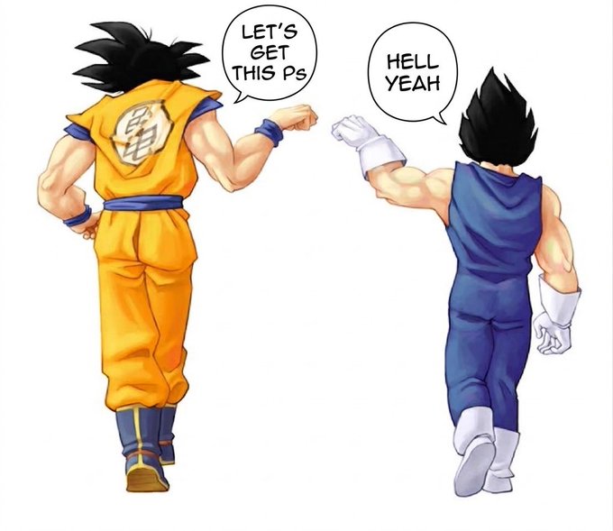 An illustration of two Dragon Ball characters, Goku and Vegeta, walking away in their iconic orange and blue martial arts uniforms; Goku's speech bubble reads 'LET'S GET THIS PS' while Vegeta's says 'HELL YEAH.'