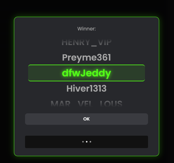 A dark screen displays winner selections with "dfwJeddy" highlighted in green, alongside other names including HENRY_VIP, Preyme361, Hiver1313, and MARVELOUS.