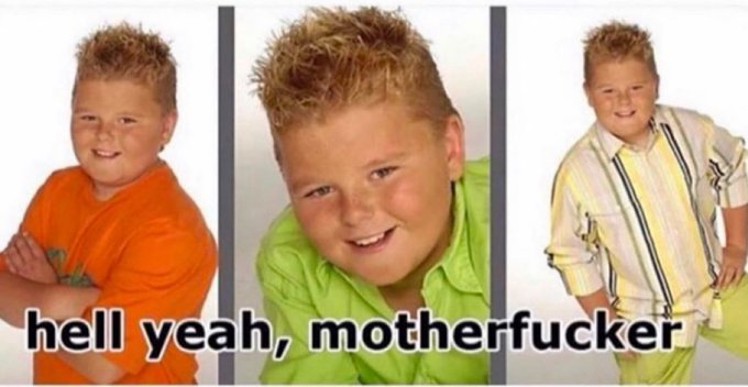 Meme image featuring three photos of a smiling, heavyset young boy in orange, green, and striped shirts, with the caption 'hell yeah, motherfucker' overlaid at the bottom.