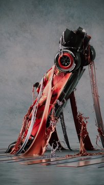 A dramatic 3D render of a futuristic mechanical object covered in dripping red liquid against a textured gray background.