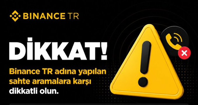 A Binance TR warning graphic featuring the text "DİKKAT! Binance TR adına yapılan sahte aramalara karşı dikkatli olun" alongside a yellow caution triangle and a phone icon with a red X, alerting users to beware of fake calls made in Binance TR's name.