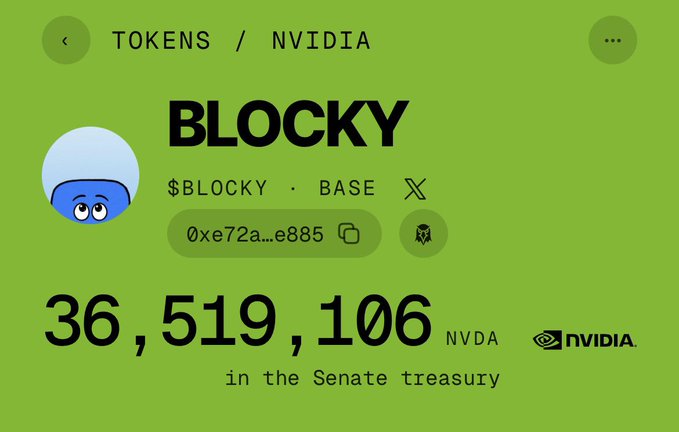 A screenshot of a token page on the blockchain, displaying the name 'BLOCKY' ($BLOCKY) on the BASE network with a treasury holding 36,519,106 NVDA tokens.
