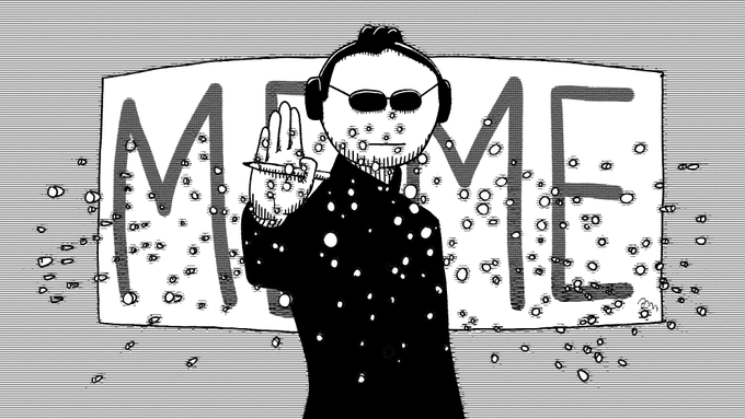 A black and white illustration of a person wearing sunglasses and headphones with their hand raised, surrounded by falling dots, with large 'MEME' text in the background.
