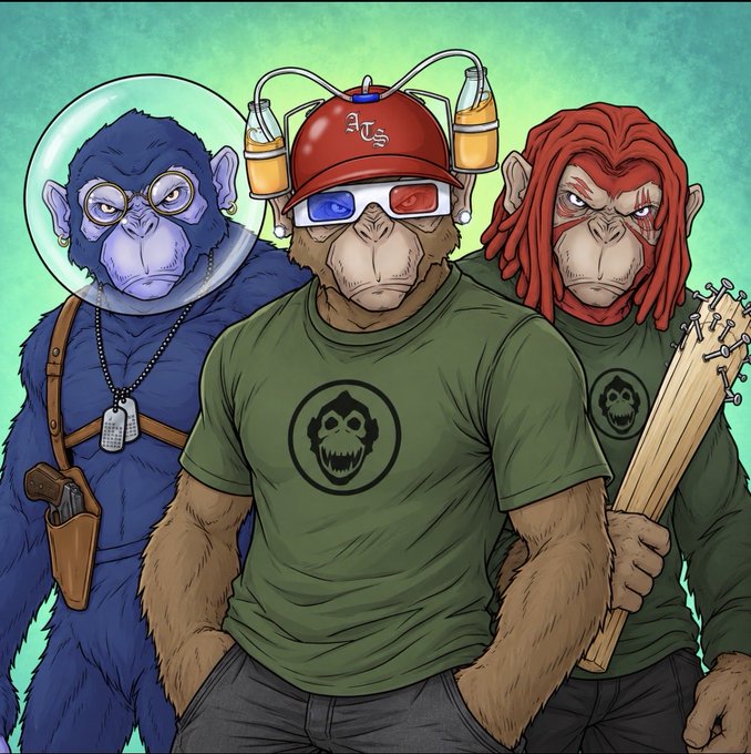 A cartoon image of three apes—one in a space helmet, one wearing 3D glasses and a red cap labeled "Ape," and a red-haired ape holding a spiked club—all wearing shirts featuring a grinning gorilla logo, fitting the crypto "ape" community theme of the post welcoming a new member to cook with the community.