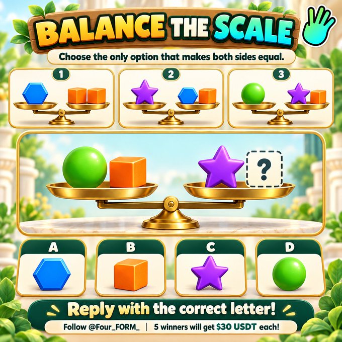 A colorful “BALANCE THE SCALE” puzzle asks viewers to choose the object that makes both sides equal, with answer choices A–D. It promotes a giveaway: follow @Four_FORM_, retweet, comment with an answer, and tag 3 friends; 5 winners will receive $30 USDT each.