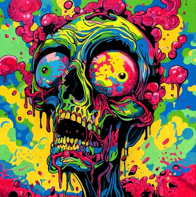 A vibrant, colorful psychedelic illustration of a skull with bulging multicolored eyes in shades of pink, blue, yellow, and green, surrounded by dripping paint effects.