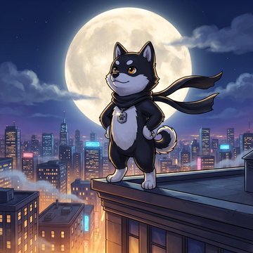 An animated illustration of a black and white cat dressed as a superhero with a cape and mask, standing on a rooftop overlooking a city at night with a large full moon behind it.