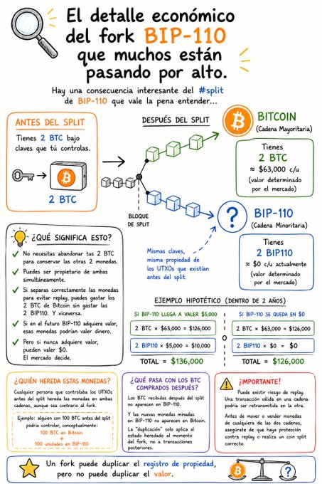 Spanish-language infographic explaining the economic detail of the BIP-110 Bitcoin fork, showing how a chain split duplicates ownership records but not value, with sections for Bitcoin, BIP-110, and hypothetical examples.
