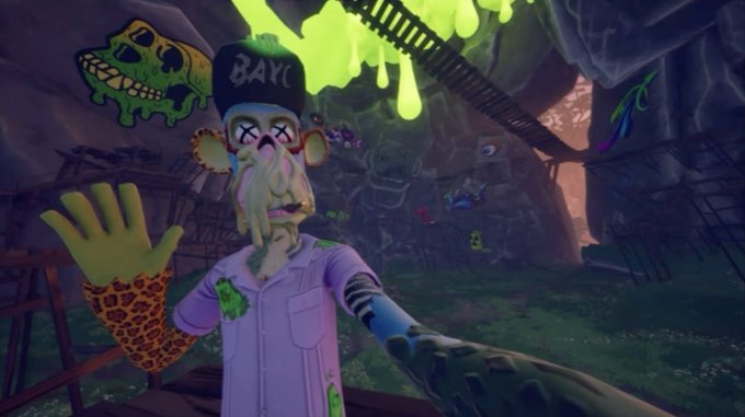 A distorted, zombie-like character wearing a black cap reading 'BAYC' and a purple shirt stands in a graffiti-covered cave setting, holding up a leopard-print sleeved hand.