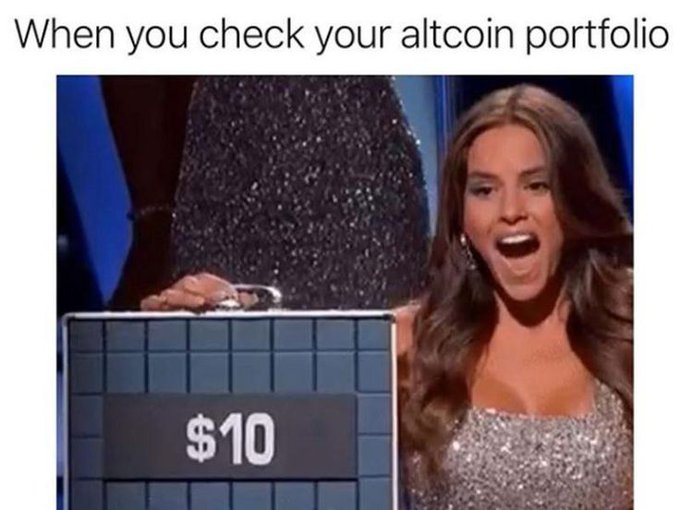 A meme captioned "When you check your altcoin portfolio" showing a woman on a game show excitedly celebrating a reveal of only $10 on a small screen.