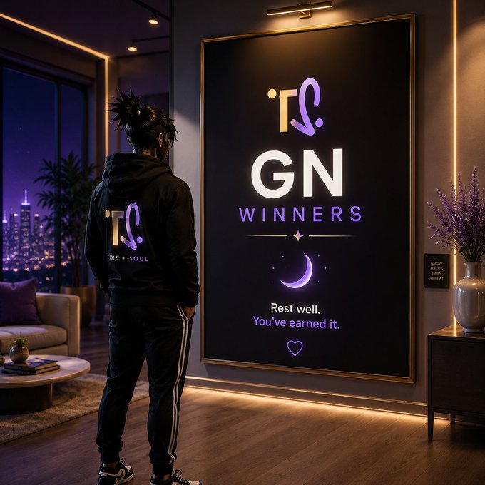 A person in a black tracksuit stands before a glowing illuminated poster reading "GN WINNERS - Rest well. You've earned it," with a crescent moon and heart graphic, set in a modern living room overlooking a nighttime city skyline—visually reinforcing the post's message of mindful rest and self-appreciation before tomorrow's growth.
