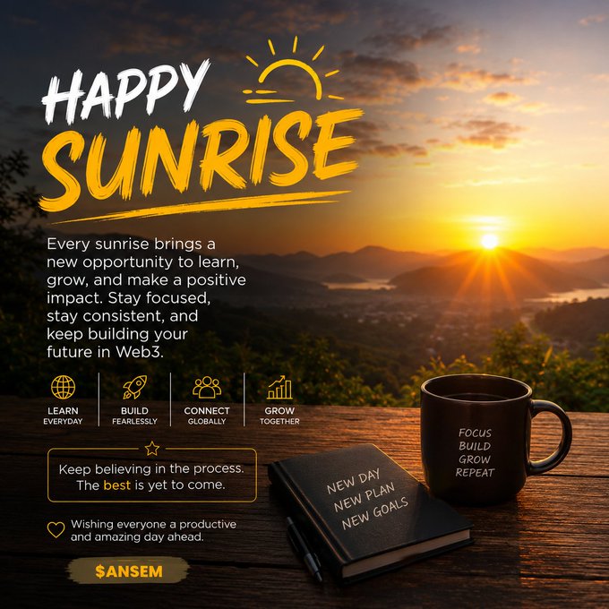 A motivational graphic titled 'HAPPY SUNRISE' set against a sunrise landscape, featuring a notebook labeled 'NEW DAY NEW PLAN NEW GOALS' and a coffee mug reading 'FOCUS BUILD GROW REPEAT,' along with icons and text 'LEARN EVERYDAY,' 'BUILD FEARLESSLY,' 'CONNECT GLOBALLY,' 'GROW TOGETHER,' and the token symbol '$ANSEM'.