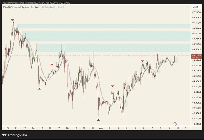 A TradingView chart of the BTCUSDT Perpetual Contract shows Bitcoin's 1-hour price action trading around $65,217, with red arrow indicators highlighting multiple supply zones above current price levels. The chart visually supports the post's expectation that these overhead supply zones (between approximately $66,000-$67,250) will be swept in the upcoming trading week.