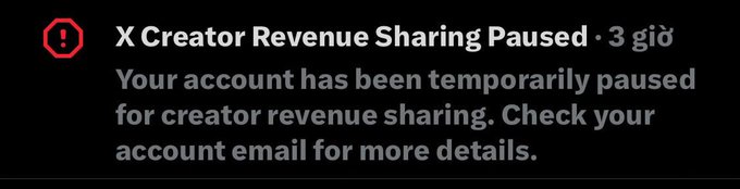 The image shows a message box with an error that reads "X creator revenue sharing paused 3 giio". The text also mentions that there are many people who have been paused, which could be due to a temporary pause or a more permanent pause in the system. The image does not provide any information about what is causing this issue and how it can be resolved.
