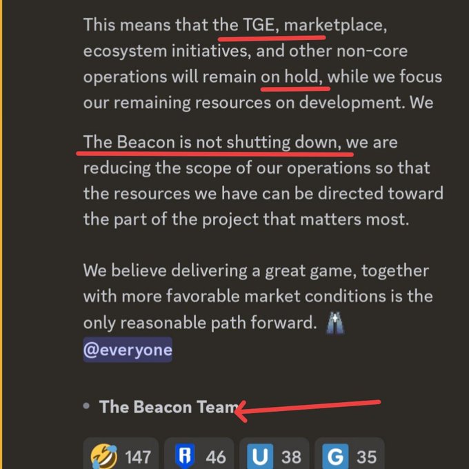 A Discord announcement from "The Beacon Team" stating that the project's TGE, ecosystem initiatives, and marketplace are on hold as they focus on game development, while reassuring that The Beacon is not shutting down. The post highlights this as a concerning update given the team's recent extraction.