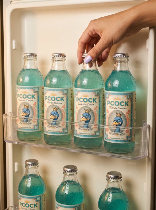 A hand reaches into a refrigerator door shelf to grab a teal-colored glass bottle labeled 'PCOCK - Taste the Dream' with a peacock logo, among other identical bottles.