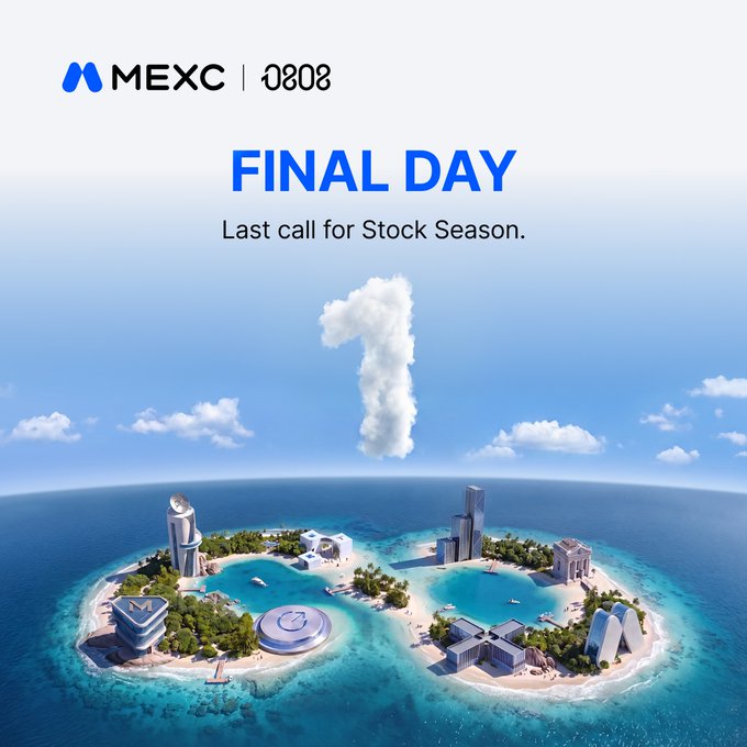 A promotional graphic for MEXC's "0808" event features a tropical island paradise shaped like the "0808" numbers, with a large cloud-formed "1" in the sky to emphasize the final day remaining. Bold text reads "FINAL DAY" and "Last call for Stock Season," reinforcing the post's message that only one day is left for the campaign.