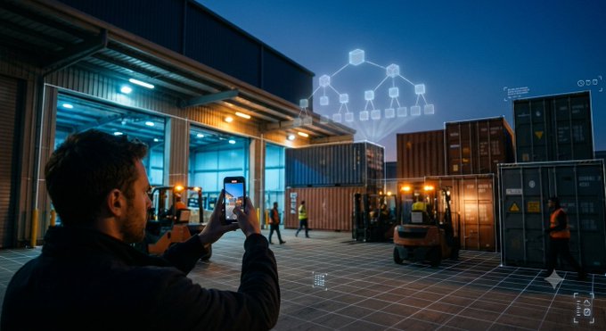 A man takes a photo at a shipping container yard at night while a holographic digital network diagram floats above the containers.