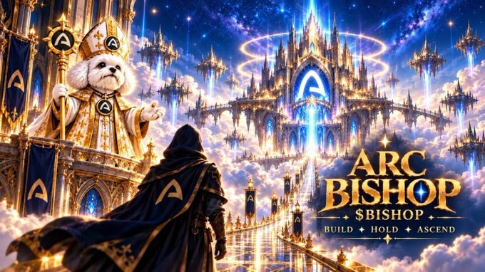 Fantasy game artwork shows a small crowned animal-like cleric and a cloaked figure approaching a glowing celestial castle. Large text reads “ARC BISHOP,” with “$BISHOP” and “BUILD + HOLD + ASCEND” below it.
