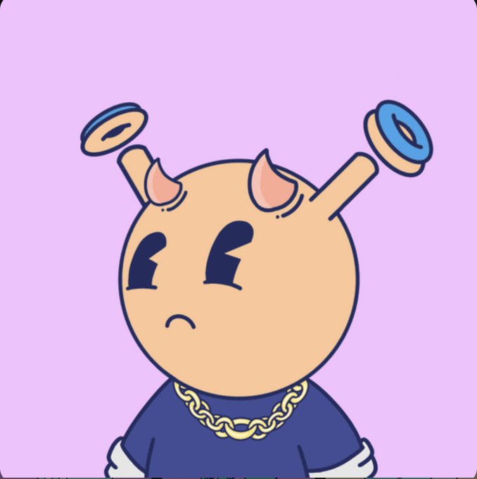 A cartoon illustration of a tan, round-headed character with small horns, wearing a purple shirt and a gold chain, looking unimpressed while two coins spin on its antenna-like protrusions against a light purple background.