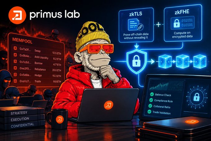 A promotional graphic for 'primus lab' features an illustrated monkey in a yellow beanie and sunglasses at a laptop, highlighting 'zkTLS' and 'zkFHE' technologies for proving off-chain data and computing on encrypted data.