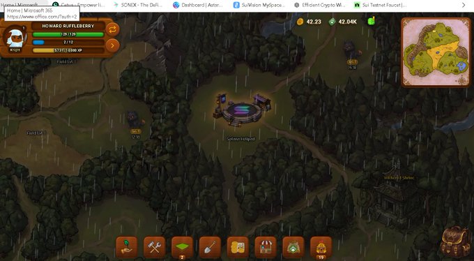 The image shows a screenshot of a Web3 farming game called "Office FaFarH+2" or "Pawtato Land" running in a browser at office.fa.farH-2 or similar URL, featuring a hub labeled "SPL Token Hub(Sol)" in a rainy, forest-themed environment with 42.23 coins and 42.04K experience displayed. This visually represents the post's excitement about the new Solana Hub in Pawtato Land, showcasing the game's early integration of Solana blockchain infrastructure as a fast, scalable foundation for next-generation Web3 gaming.