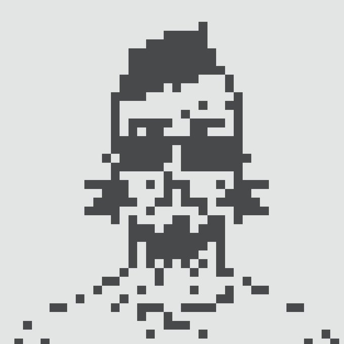A dark pixel art illustration of a hooded, masked character with pixelated particles dispersing from the bottom.