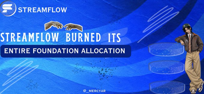 A blue graphic from STREAMFLOW reads 'STREAMFLOW BURNED ITS ENTIRE FOUNDATION ALLOCATION' featuring a 1win logo and an illustrated character in street clothes.