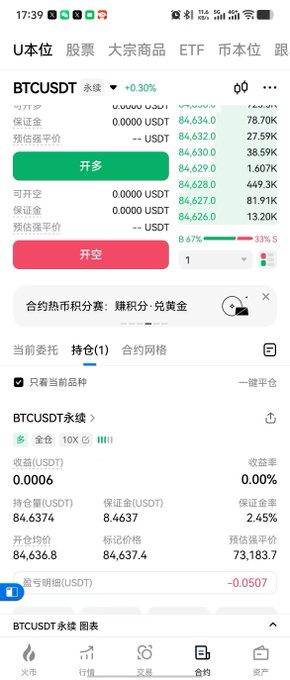 Mobile screenshot of a cryptocurrency trading interface showing BTCUSDT perpetual contract trading with green '开多' (long) and red '开空' (short) buttons.