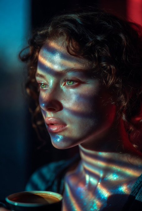 A close-up portrait of a woman with curly hair, her face illuminated by dramatic prismatic light patterns casting rainbow colors across her skin in a moody, cinematic style.