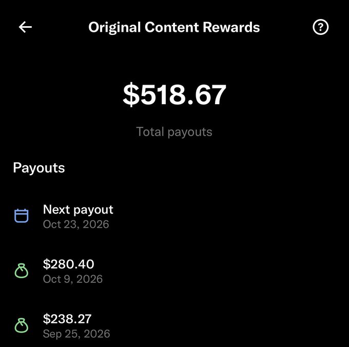 A screenshot showing "Original Content Rewards" with $518.67 in total payouts, featuring scheduled payouts of $280.40 (Oct 9, 2026) and $238.27 (Sep 25, 2026), humorously illustrating how modest content creator earnings fall far short of generational wealth goals.