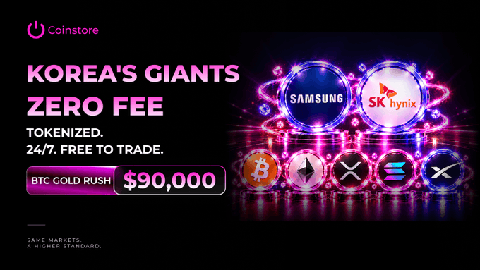 A Coinstore promotional banner reading 'KOREA'S GIANTS ZERO FEE' featuring Samsung and SK hynix logos with cryptocurrencies (Bitcoin, Ethereum, XRP, Solana, and another token) and 'BTC GOLD RUSH $90,000'.