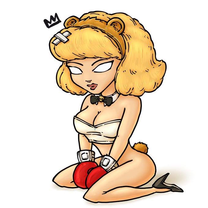 A cartoon-style drawing depicts a blonde girl with bear ears, a small crown, a bowtie, boxing gloves, and a tail, kneeling on a white background.