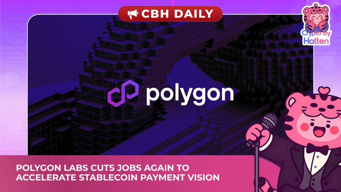 A 'CBH Daily' (Crypto By Hattten) news graphic stating 'Polygon Labs Cuts Jobs Again to Accelerate Stablecoin Payment Vision,' featuring the Polygon logo against a dark architectural background.